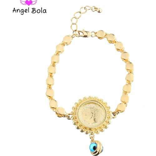 5mm Chain Demon Eye Bracelet Oman Gold Coin Round Women Charm Allah Bracelet Muslim Islamic Wedding Couple Jewelry Holiday Gift