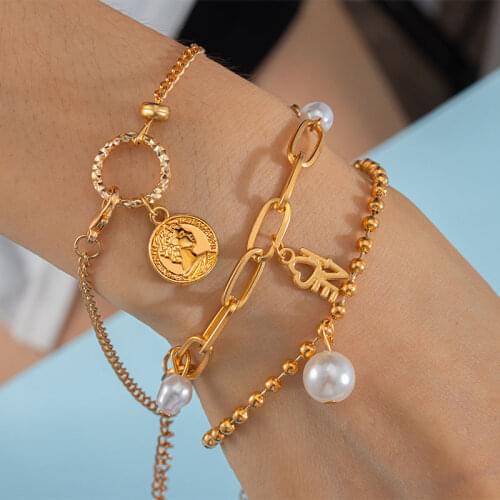2021 New Punk Cuban Chains Multilayer Bracelet For Women Boho Gold Color Butterfly Pearl Charm Bangle Bracelet Fashion Jewelry