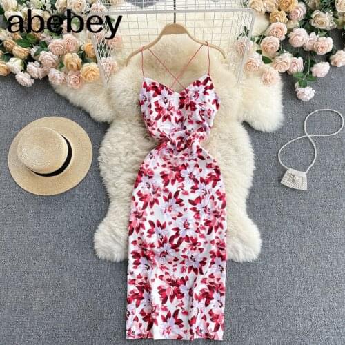 Women Summer Print Ruffles Dress Korean Elegant V Neck Sleeveless Dresses Summer Bohemian Strap Midi Dress