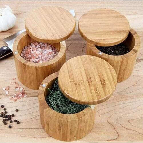 4 Pcs Salt Storage Boxes Bamboo Storage Box with Magnetic Swivel Lid Container for Kitchen Storage Containers