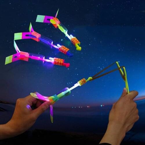 Bamboo Dragonfly With Light Shooting Rocket Flying Parachute Sky UFO Outdoor Night Game Toy For Kid Children With LED Slingshot