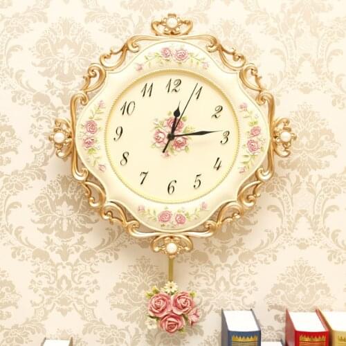 European Retro resin Pastoral quartz clock Mute style wall clock Muted fashion rose flower round wall clock