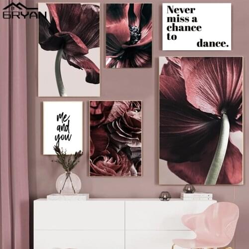 Botanical Red Flower Petal Close Up Canvas Prints Painting Nordic Plant Floral Stem Motivational Quote Poster Wall Art Picture