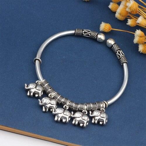 MetJakt Five Baby Elephants DIY Charm Bracelet Solid 925 Sterling Silver Open Vintage Bangle for Women Girl Jewelry