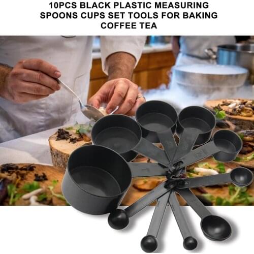 10Pcs Black Plastic Measuring Spoons Cups Set Tools For Baking Coffee Tea 1/4Sp- 1/2Sp-1Tsp-1/2Tbsp- 1Tbsp