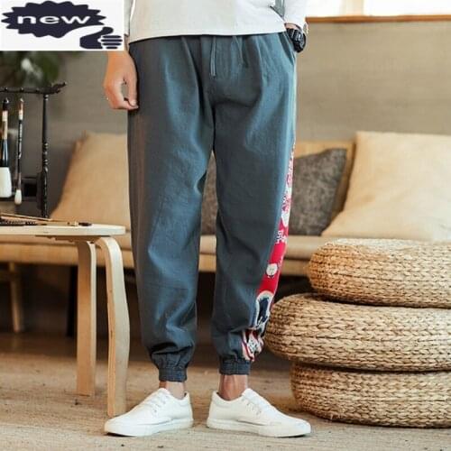 Cotton Linen Harajuku Mens Trousers Chinese Style printed Vintage Casual Plus Size Harem Pants Drawstring Personality Sweatpants