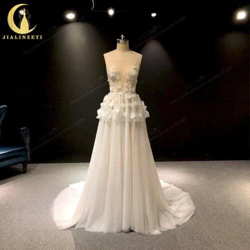 JIALINZEYI Real Picture Deep V Neck with Organza Flowers A-line Fashion New Bridal wedding Gown Wedding Dresses 2021