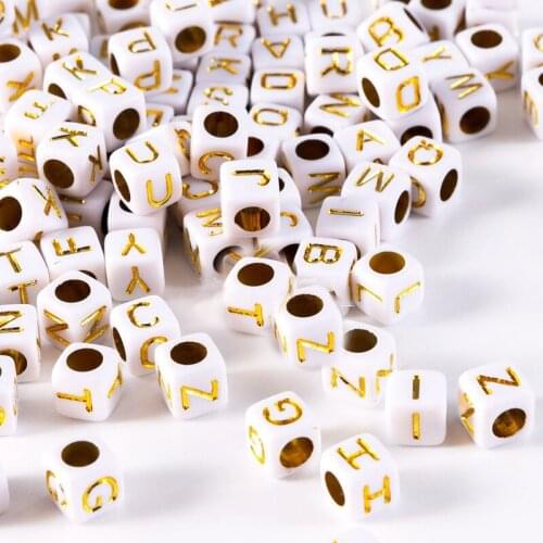 Cube Acrylic letter Beads 7*7mm White with Gold Color English Initial Alphabet A-Z Jewelry Square Plastic Spacer Beads 1800pcs