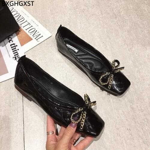 Black Loafers Patent Leather Shoes Woman Butterfly-knot Boat Shoes for Woman 2021 Square Toe Flats Slip on Shoes Women Chaussure