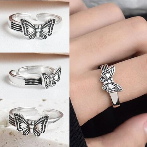 Milangirl Retro Simple Style Antique Silver Color Lovely Butterfly Insect Adjustable Opening Metal Ring for Women Party Jewelry