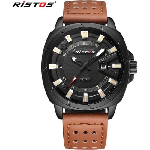 RISTOS Male Quartz Watches Men Sports Watch Casual Style Genuine Leather Reloj Masculino Wristwatch Relojes Hombre Montres 9350