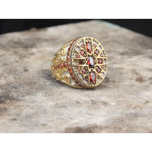 925 Sterling Silver Red Micro Zircon GemStone Men Silver Ring, Vintage Silver Ring For Men, Handmade Engraved Mens Ring