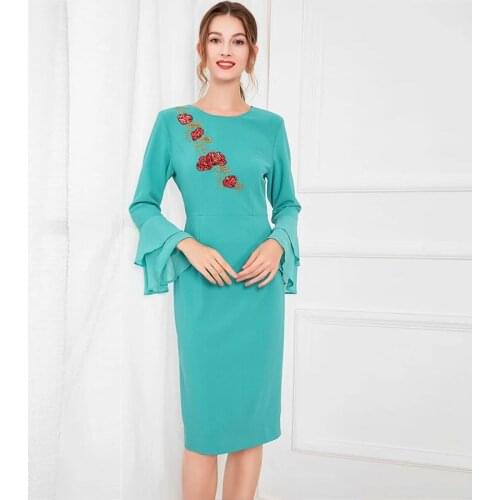 MIUXIMAO 2021 New Autumn Womens Clothing O-Neck Flare Long Sleeve Slim Waist Printing Dress Elegant Fashion Office Style