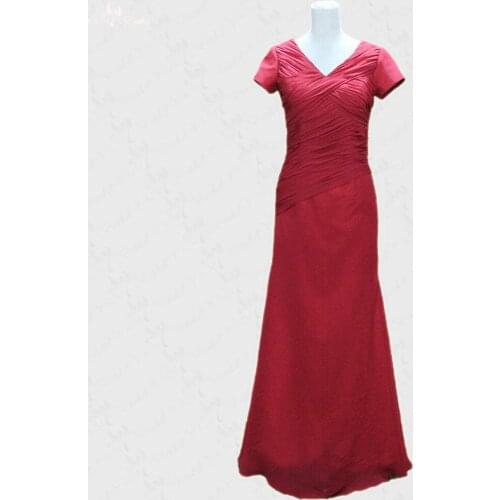 RSE257 Red Chiffon Cap Sleeves V Neckline Long Godmother Dresses