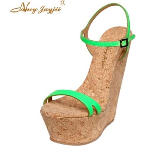 Wedges Platform Sandals Green Pink Cork Pattern Custom Shoes Womens Holiday Super High Heels Dress Party Hot Plus Size 45 Summer