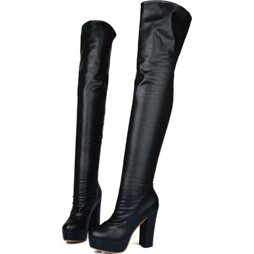 ZawsThia Soft PU Long Overknees Winter Platform Block High Heels Woman Shoes Thigh High Boots Over The Knee Boots Big Size 48 47
