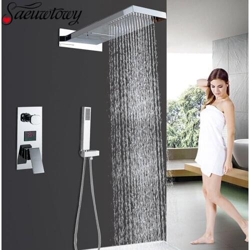 Chrome Digital Display Waterfall Shower Faucet Concealed Shower Column Hot And Cold Mixing Valve Shower Faucet Bathrrom Faucet