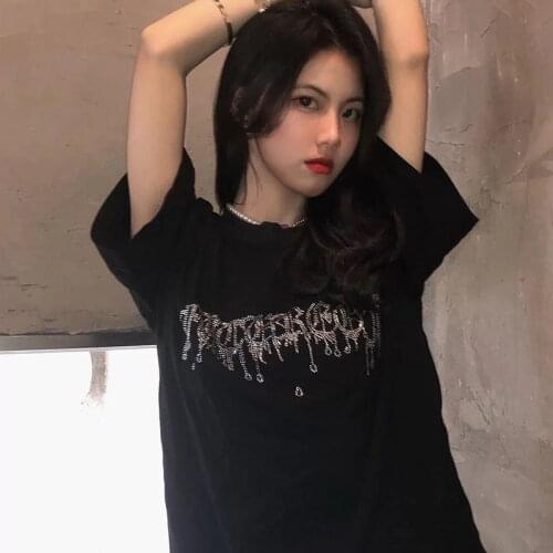 Rhinestone Womens T-shirt Harajuku Y2K Top Harajuku Retro Korean Style Black Gothic Anime Print Clothes Plus Size fairy grunge