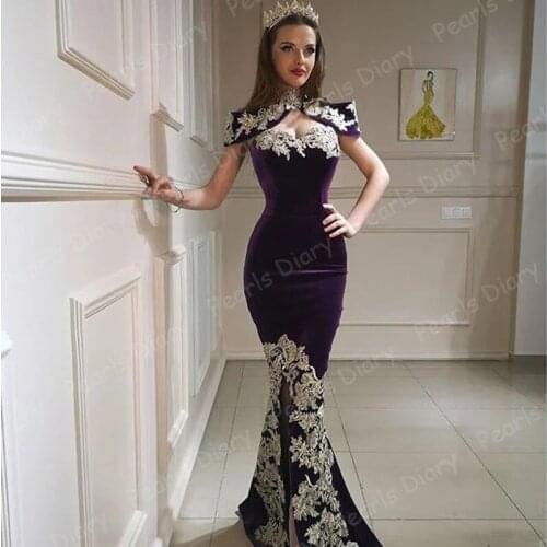Turkish High Neck Mermaid Evening Dresses with Overskirt Velour Ivory Lace Formal Dress Vestido De Noiva Prom Dress 2020 Dubai