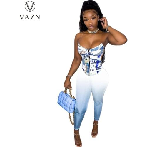 VAZN 2021 Top Quality Sexy Young Colorful Print Bandage Strapless Sleeveless Long Pant Skinny Women 2 Piece Set