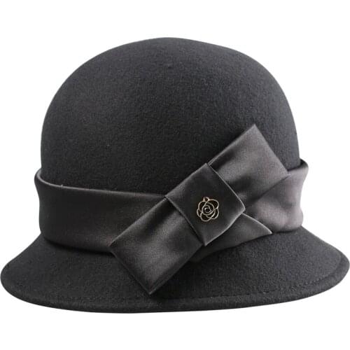 Vintage Black Wool Felt Hat Women Bowler Derby Fedora Wide Brim Winter Floppy Hats Bowknot Cloche Cap Formal Ladies E012