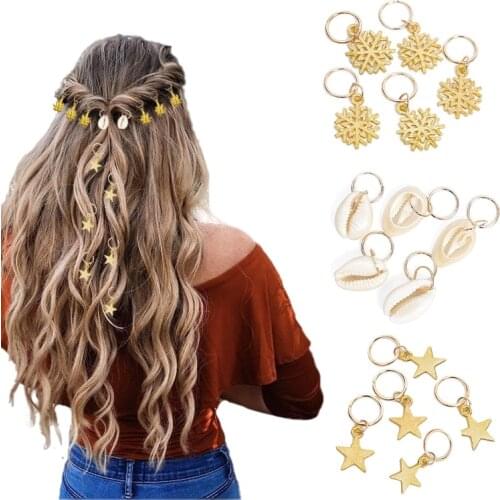 5pcs/Pack Stars Ring Charms Shell Hair Braid Dread Dreadlock Beads Clips Cuffs Rings Jewelry Dreadlock Clasps Accessories Tools