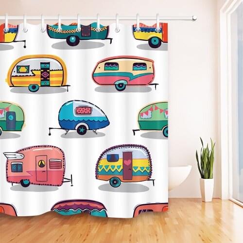 72'' Cartoon Travel Trailer On White Background Bathroom Waterproof Fabric Shower Curtain Polyester 12 Hooks Bath Accessory Sets