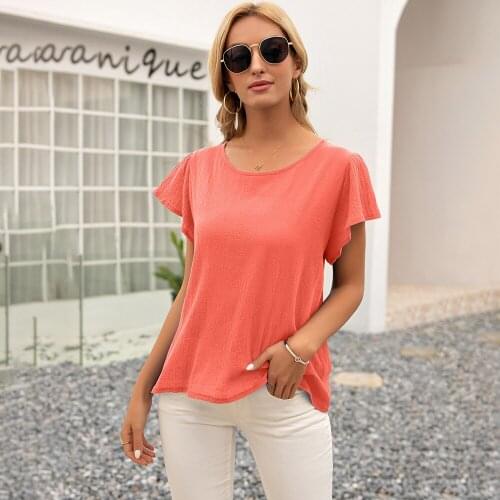 Women Summer O-neck Short Sleeve Tops Sexy Hollow Out Backless Bow Loose Solid Butterfly Sleeve Womens Top 2021 Woman Clothing