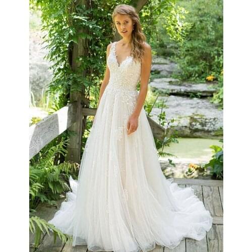 Ruby 2021 Hot Sale A-line Boho Wedding Dresses Sexy Low Back Vestido De Noiva WhiteTulle Lace Bride Dress Spaghetti Strap