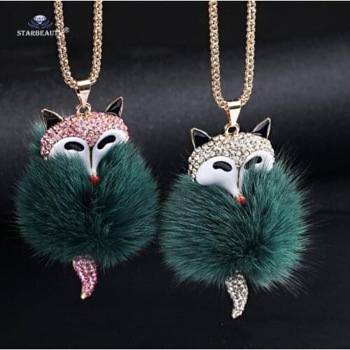 Starbeauty Lovely Fox Necklace Red White Pink Rhinestone Pendant Necklace Women 70cm Corn Chain Necklaces Fluff Ball Tassel Gift