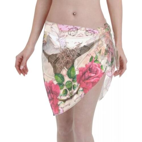 Women See-Through Beach Bikini Cover Up Wrap Scarf Swimwear Pareo Sarong Dress Eiffel Tower Postal Stamps Feathers Beach Dress