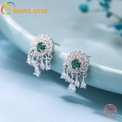 BONLAVIE 925 Silver Green Zircon Tassel Mesh Earring for Dream Catching Exquisite Design Earrings