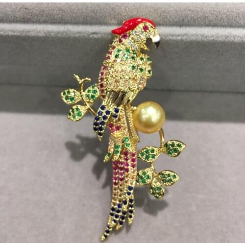 9MM natural sea water pearl brooch pins gold color parrot brooch pins multicolor Romantic fashion women jewelry free shipping