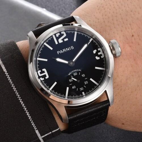 Parnis 46mm Black Dial Mechanical Hand Wind Watch Men Luminous Waterproof Leather Strap Wristwatch Men