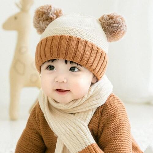 Kids Baby Hat Autumn/winter Girls Wool Hat And Scarf With Ball Infant Boys Cotton Warm Hat Thicken Plush Children Scarf Hat Sets