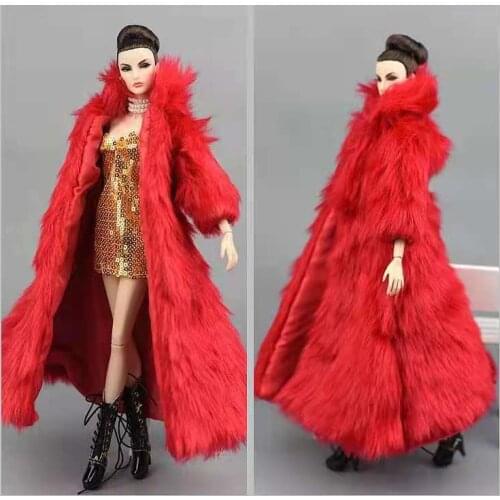 Long Fashion Red Fur Winter Parka Gold Dress 1/6 BJD Doll Clothes for Barbie Clothes Set Coat Dresses 11.5" Dolls Accessory Toys