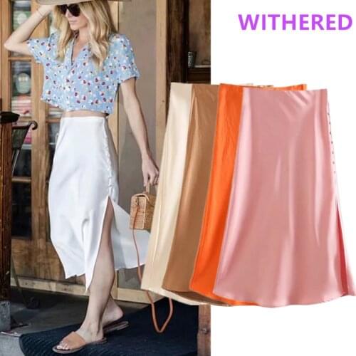 Jenny&Dave long skirts womens ins fashion blogger vintage solid satin buttons forking sexy midi skirt women faldas mujer moda
