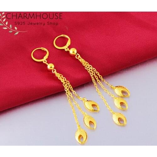 Yellow Gold Color GP Long Tassel Earrings for Women Peacock Pendients Not Allergic Party Gifts Wedding Brincos Jewelry Accessory