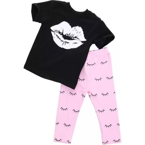 2Pcs Summer Kids Toddler Baby Girl Clothes Set Black Short Sleeve Lips PatternTops Pink Eyelash Pant Children Clothing Outfits