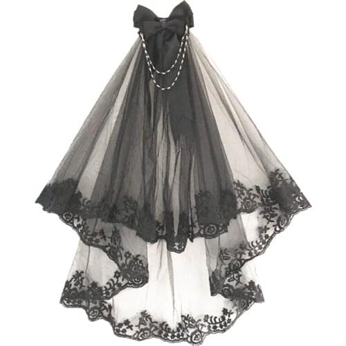 Steampunk Gothic Black Lace Lolita Veils with Comb Short Two Layer Vintage Anime Veils for Cosplay Costume Hair Accessories