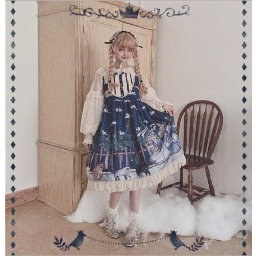 Forest covenant Sweet Womens 2Pcs Set: Lolita JSK Dress + Long Sleeve Shirt Sleeveless Dress Cute Lace Bows Trim One Piece