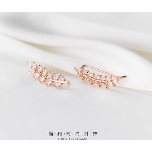 LVE39 925 Sterling Silver Zircon Leaf Ear Climber Earrings Luxury Leaves Plant Ear Crawler Earrings for Women Birthday Gifts