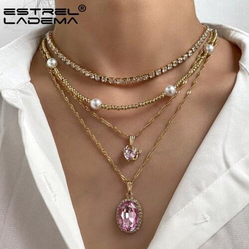 Fashion Multilayer Pink Rhinestone Heart Pearl Beads Necklaces For Women Luxury Crystal Tennis Chain Necklace Collar New Jewelry