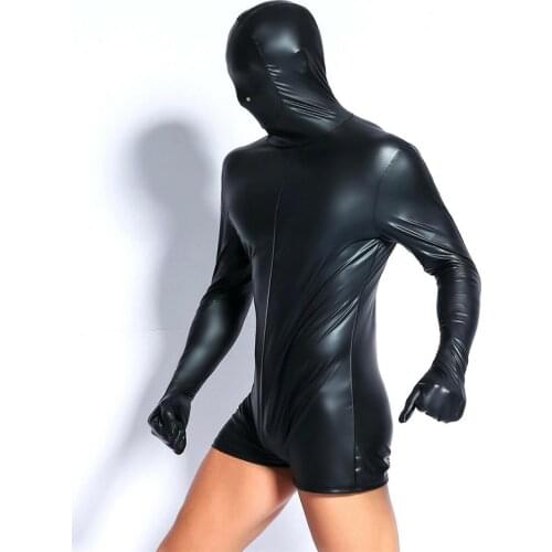 Man Leather Hood Mask Blind Sensory Deprivation Lining Gag Jumpsuit Leotard Nightclub Costumes