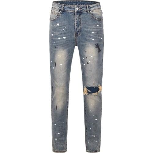 2021 New Jeans For Men High Street Hole paint Jeans Homme Straight Hearts Pants Moto Trouse