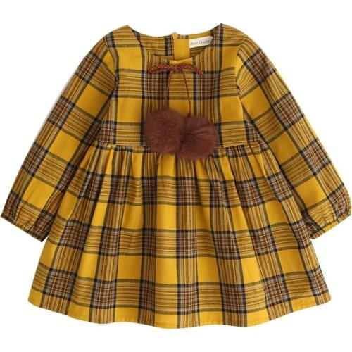2021 Spring New Girls Autumn Dress Plaid Plush Ball Decoration Princess Dresses for Girl Kids Dress 3 7 Years Childrens Clothes
