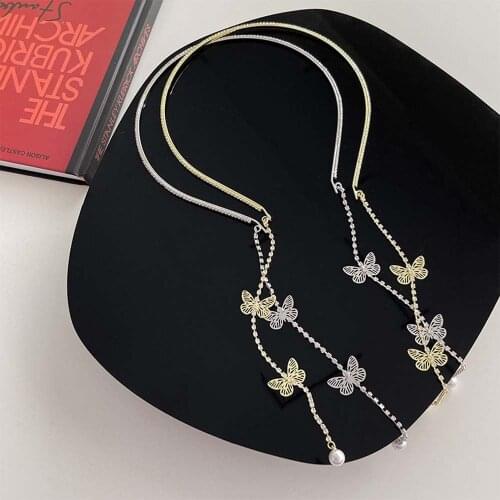 1PC Pearl Butterfly Tassel Thin Headband For Girls Sweet Temperament Retro Headband French Simple Rhinestone Alloy Hair Hoop