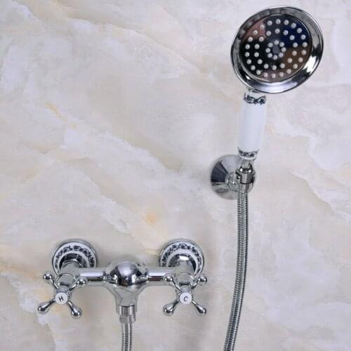 Polished Chrome Brass Bathroom Hand Held Shower Head Faucet Set Mixer Tap Dual Cross Handles mna276