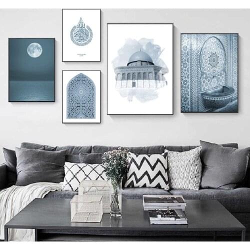 Ramadan Decoration Blue Moroccan Mosque Architecture Canvas Art Painting Islamic Wall Print Landscape Poster Decorative Picture