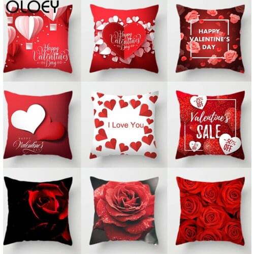 Happy Valentines Day Polyester Decorative Cushions Cover Red Rose Heart I Love You Letter Throw Pillows Case for Sofa Couch Car